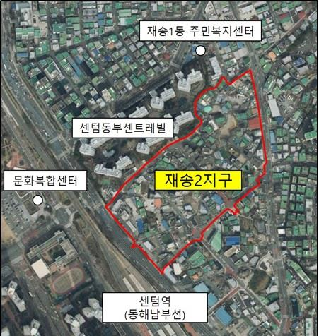 재송2지구의 위치도로 북쪽에 재송1동 주민복지센터, 남쪽에 센텀역(동해남부선), 서쪽에 문화복합센터, 북서쪽에 센텀동부센트리빌이 위치해있습니다